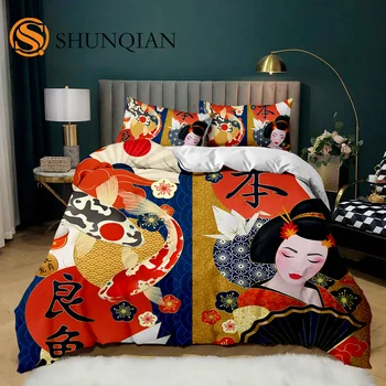 Комплект постельного белья в японском стиле, традиционные мотивы кимоно, покрывало, пододеяльник из Токио, пододеяльник из полиэстера Geisha Japan