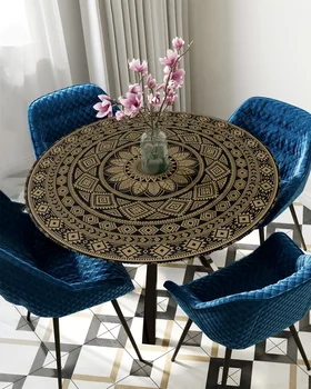 Богемная коричневая Мандала, круглая защитная ткань для покрытия стола с эластичными краями, Водонепроницаемая прямоугольная скатерть из полиэстера