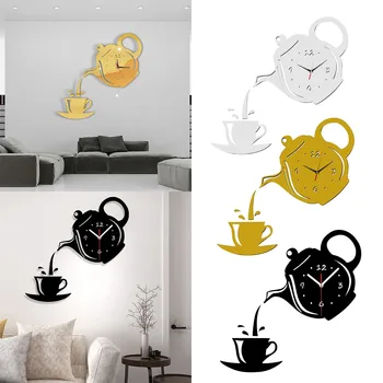 Новые креативные акриловые кофейные чашки, 3D настенные часы, чайник своими руками, декоративные кухонные настенные часы 28 см с красивыми детализированными колокольчиками 1