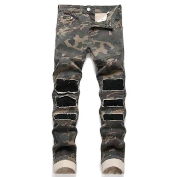 Дизайн в стиле рок-панк, мужские джинсы с камуфляжным принтом, плиссированные байкерские брюки в стиле пэчворк, стрейчевый деним, узкие зауженные брюки, джинсы