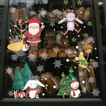 Рождественский лось с рисунком Санта-Клауса, украшение дома в виде снежинки, Стеклянные двери и окна, наклейки на стены, Новый год 2024, Рождественские подарки