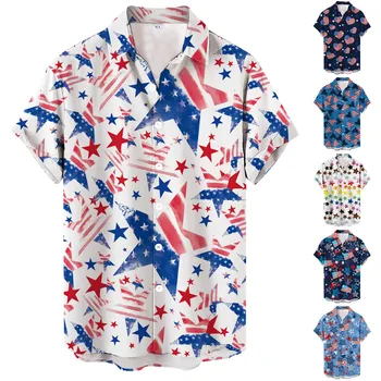 Новые дизайнерские Гавайские рубашки для мужчин с лацканами, с изображением флага, День Независимости, патриотические Летние рубашки с коротким рукавом, повседневные рубашки