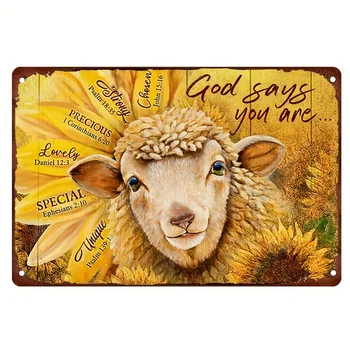 Рисунок овцы в виде подсолнуха, Бог говорит, что ты Ретро-металлическая жестяная вывеска, винтажная вывеска для домашнего декора стен 12x8 дюймов