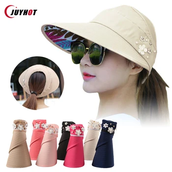 Летние головные уборы для женщин, Складная Солнцезащитная шляпа с жемчужным цветочным козырьком, Солнцезащитная кепка, женская повседневная бейсболка на открытом воздухе