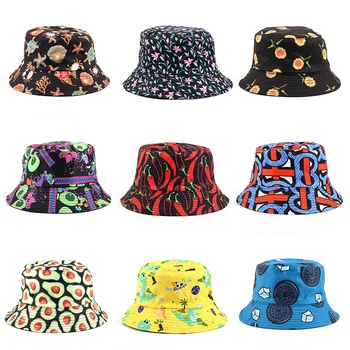 Новые мужские панамы с принтом, японские уличные кепки-рыбацкие кепки, пляжные милые двусторонние шляпы-ведерки