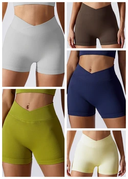 Новые нейлоновые спортивные шорты Женские бесшовные шорты для йоги с высокой талией, обтягивающие брюшную полость, подтягивающие бедра, штаны для фитнеса, езды на велосипеде на открытом воздухе 5