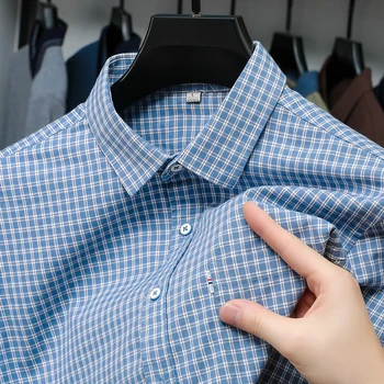 2023 Весна и осень, новая рубашка из чистого хлопка, модная мужская корейская футболка с длинными рукавами, деловой повседневный клетчатый топ с лацканами