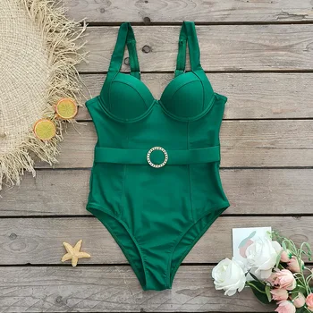 Сексуальный однотонный Зелено-синий цельный купальник, женские купальники 2023, Монокини с пуш-ап пряжкой на косточках, Пляжные плавательные костюмы с подкладкой