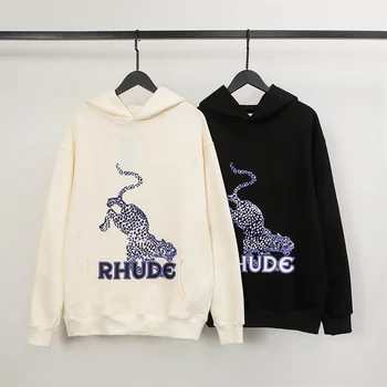 Уличная одежда RHUDE Осень и зима, Новая толстовка с леопардовым принтом, мужская пара, утолщающий Модный Свободный Повседневный свитер в стиле хип-хоп с капюшоном