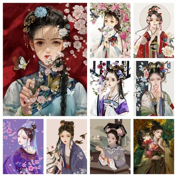 Алмазная живопись, древний костюм в китайском стиле, фиолетовое платье для девочек, Цветочная иллюстрация, Вышивка крестиком, мозаика для домашнего декора