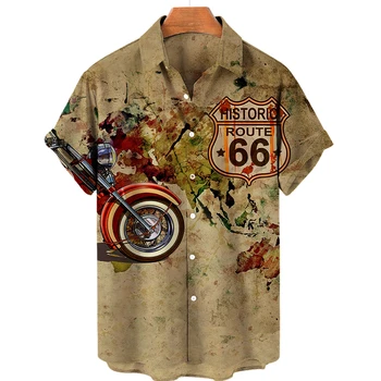 Рубашка с принтом US Route 66, Гавайская мужская рубашка с короткими рукавами и пуговицами, ретро стиль, лето