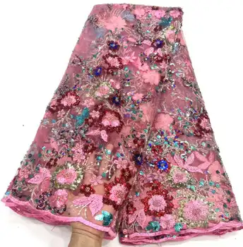 Роскошная Нигерийская кружевная ткань из бисера ручной работы 2023, Высококачественная Розовая вышивка бисером с пайетками, платье из Африканской Французской ткани