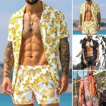Мужские тонкие и дышащие комплекты гавайской пляжной одежды в тропическом стиле, желтый праздничный комплект с цветочным принтом, короткий рукав, двойка