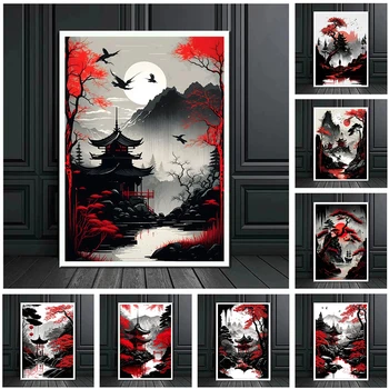 Японские постеры с природными пейзажами для декора гостиной, абстрактное красное дерево и павильон, пейзаж на холсте, настенное искусство