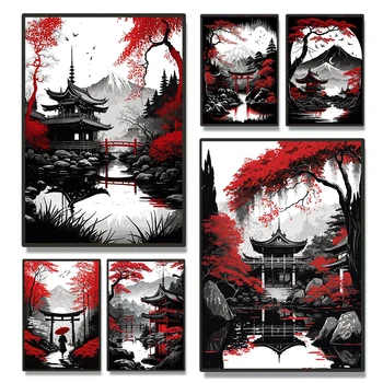 Японские постеры с природными пейзажами для декора гостиной, абстрактное красное дерево и павильон, пейзаж на холсте, настенное искусство 1