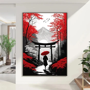 Японские постеры с природными пейзажами для декора гостиной, абстрактное красное дерево и павильон, пейзаж на холсте, настенное искусство 3