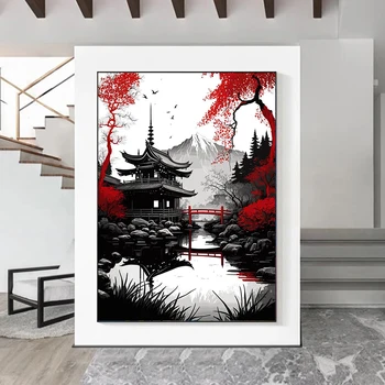 Японские постеры с природными пейзажами для декора гостиной, абстрактное красное дерево и павильон, пейзаж на холсте, настенное искусство 4