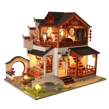 Мини-Кукольный Домик Ручной Работы, Китайское Древнее Здание, Светящаяся Миниатюрная Развивающая Игрушка 