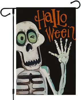 Садовый флаг со скелетом на Хэллоуин, 12x18 дюймов, череп, двусторонняя мешковина, Добро Пожаловать, Осенние Флаги для двора, украшение на открытом воздухе