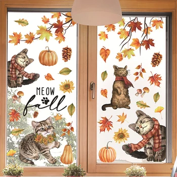 Осенние кленовые листья, наклейки на стены, Милый кот, Сосновая шишка, Осенние Желтые листья, наклейка на окно для домашней вечеринки, наклейки на стеклянные двери