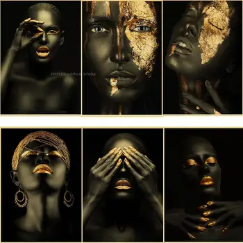 Африканское искусство, черно-золотые женские плакаты, винтажная настенная картина из крафт-бумаги для гостиной и спальни