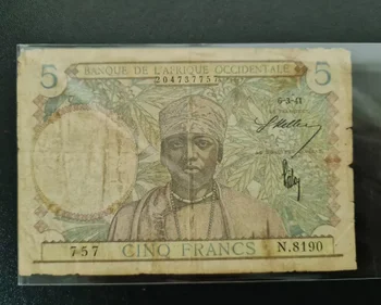 Оригинальные банкноты Французской Западной Африки 1941 года номиналом 5 франков (предметы коллекционирования Fuera De uso Ahora) 0